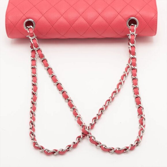 Chanel Matelasse 25 Caviar Skin Double Flap Double Chain Bag Red Silver Metal - Picture 5 of 16